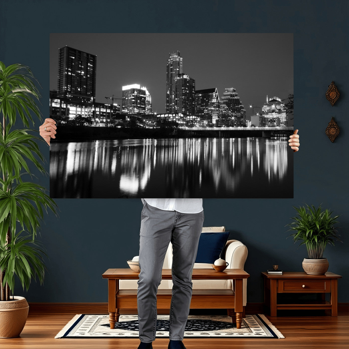 38129554-MGV-CV-36X24 - Austin Skyline Wall Art Canvas Print, Austin Downtown Night Cityscape Print for Modern Urban Wall Decor