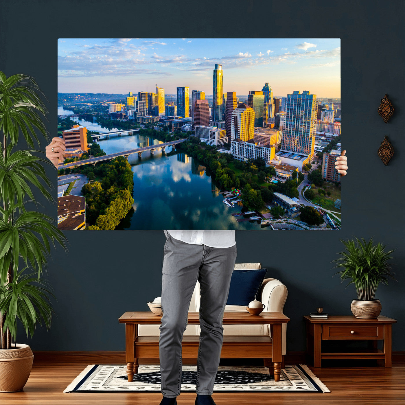 33675326-MGV-CV-36X24 - Austin Skyline Wall Art Canvas Print, Austin Downtown Night Cityscape Print for Modern Urban Wall Decor