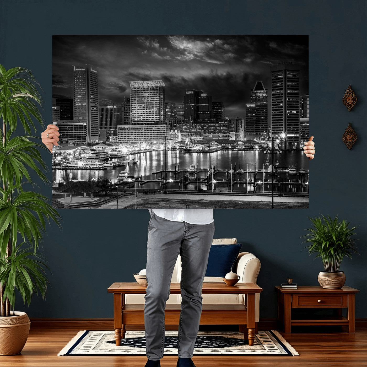 79755655-MGV-CV-36X24 - Baltimore Skyline Wall Art Canvas Print, Baltimore Downtown Night Cityscape Print for Modern Urban Wall Decor