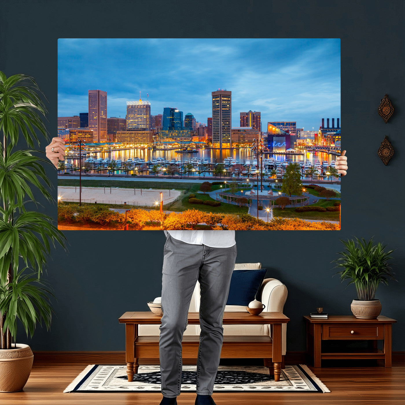 78635089-MGV-CV-36X24 - Baltimore Skyline Wall Art Canvas Print, Baltimore Downtown Night Cityscape Print for Modern Urban Wall Decor