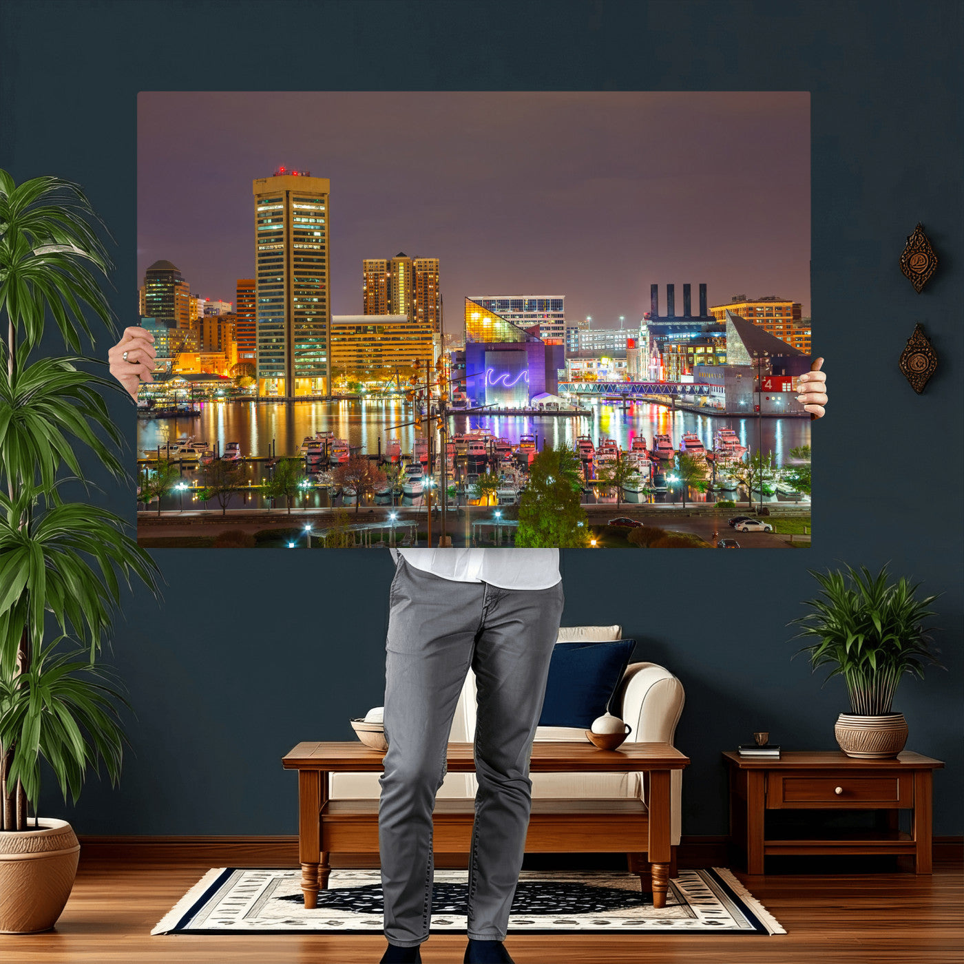 42654823-MGV-CV-36X24 - Baltimore Skyline Wall Art Canvas Print, Baltimore Downtown Night Cityscape Print for Modern Urban Wall Decor