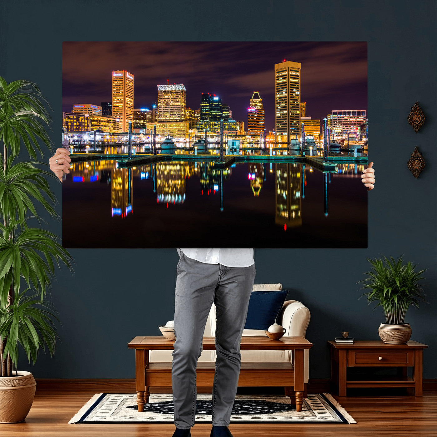 38201692-MGV-CV-36X24 - Baltimore Skyline Wall Art Canvas Print, Baltimore Downtown Night Cityscape Print for Modern Urban Wall Decor