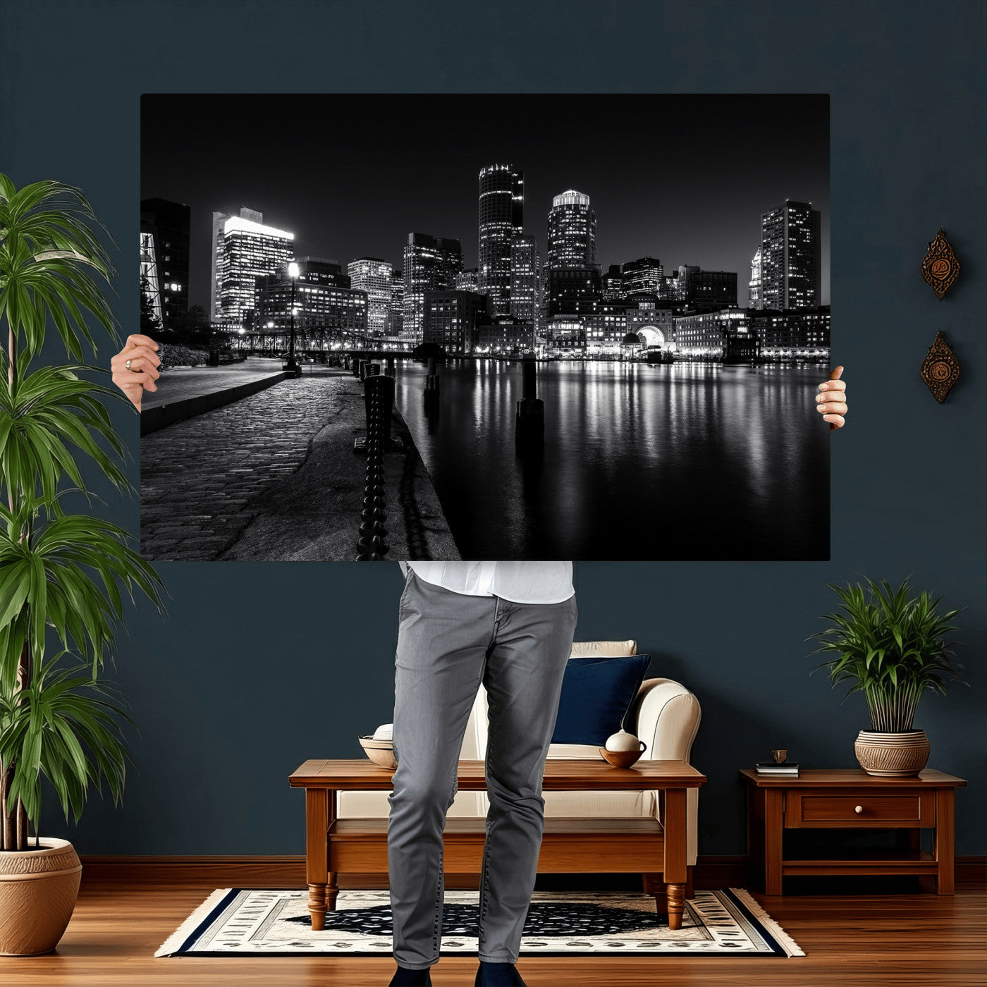 53082656-MGV-CV-36X24 - Boston Wall Art Canvas Print, Boston City Downtown Night Cityscape Print for Modern Urban Wall Decor