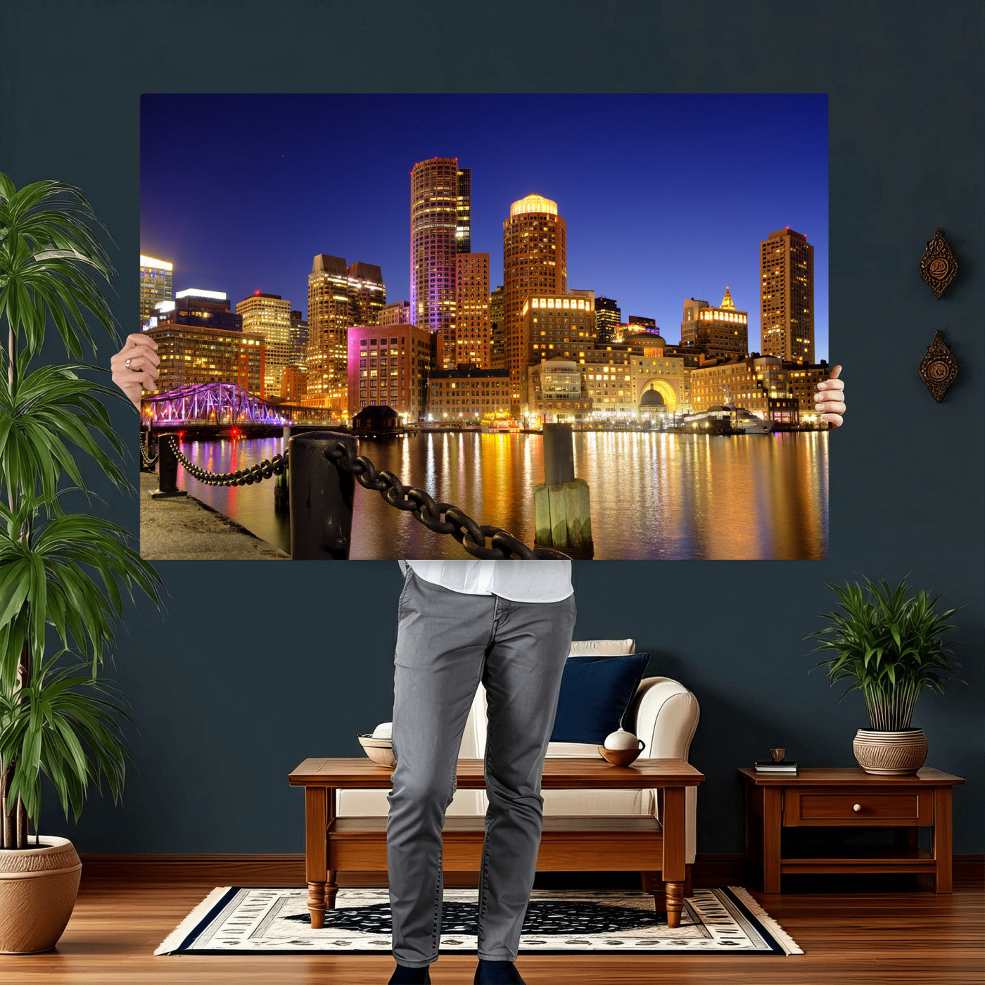 56611117-MGV-CV-36X24 - Boston Wall Art Canvas Print, Boston City Downtown Night Cityscape Print for Modern Urban Wall Decor