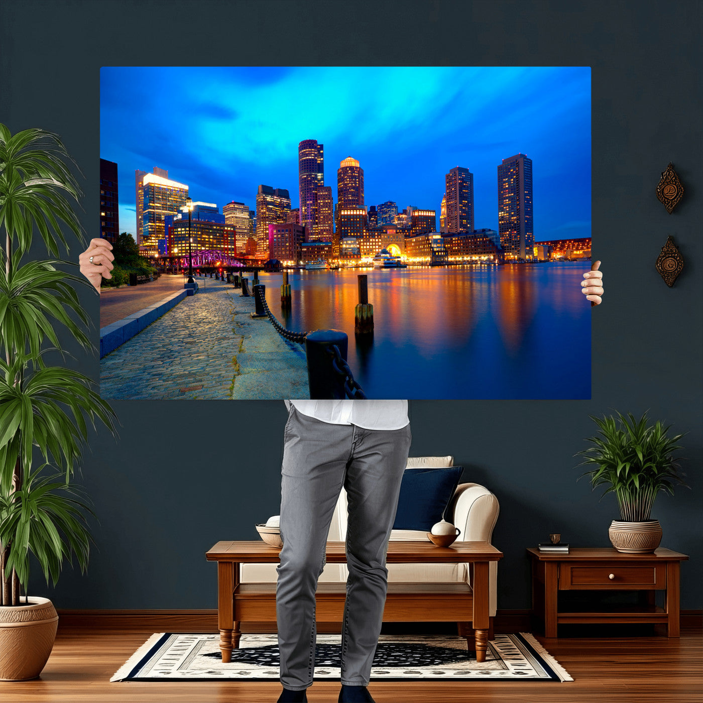 69619565-MGV-CV-36X24 - Boston Wall Art Canvas Print, Boston City Downtown Night Cityscape Print for Modern Urban Wall Decor