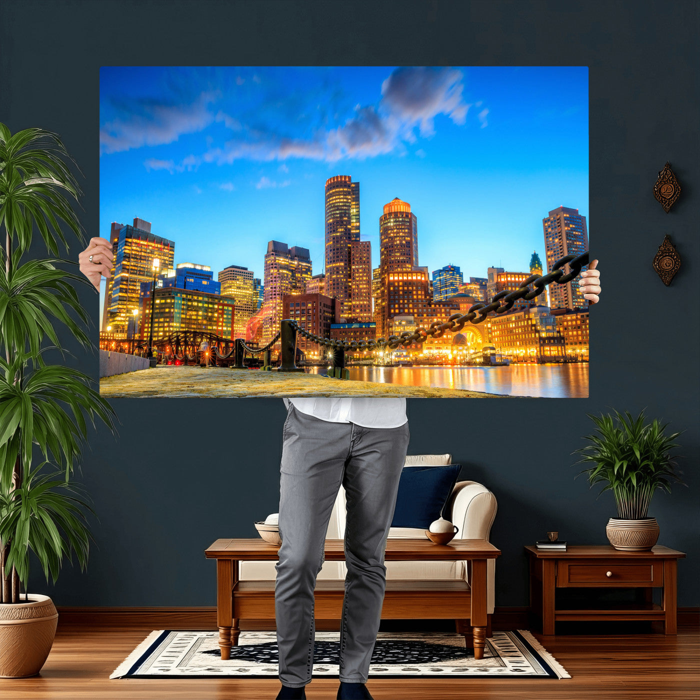 46736409-MGV-CV-36X24 - Boston Wall Art Canvas Print, Boston City Downtown Night Cityscape Print for Modern Urban Wall Decor