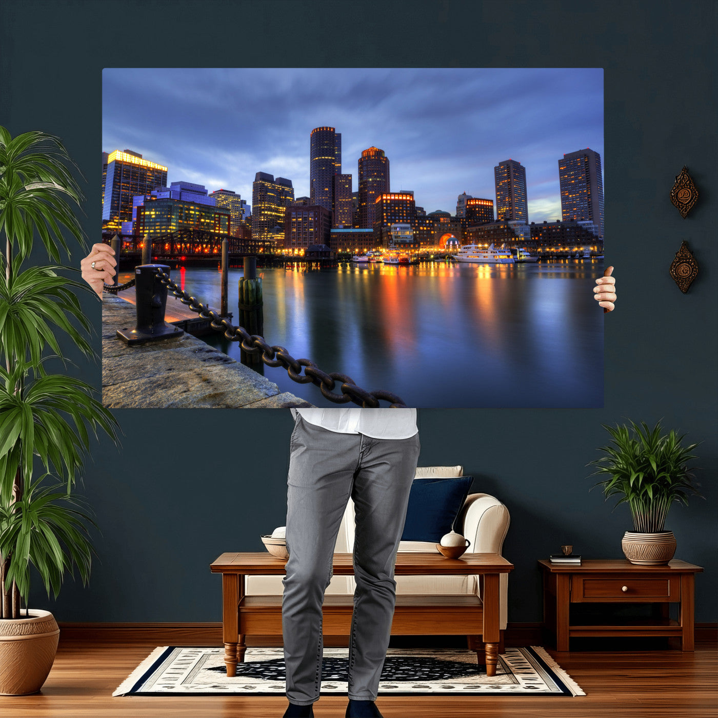 82439622-MGV-CV-36X24 - Boston Wall Art Canvas Print, Boston City Downtown Night Cityscape Print for Modern Urban Wall Decor