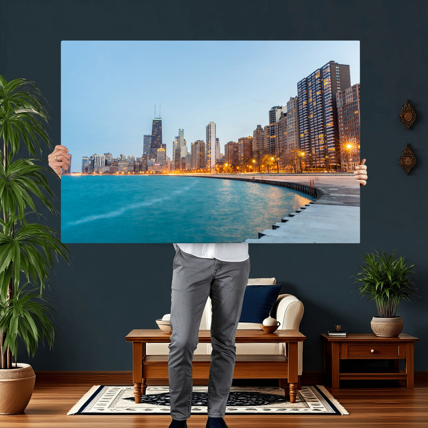 66780141-MGV-CV-36X24 - Chicago Wall Art Canvas Print, Chicago City Downtown Night Cityscape Print for Modern Urban Wall Decor