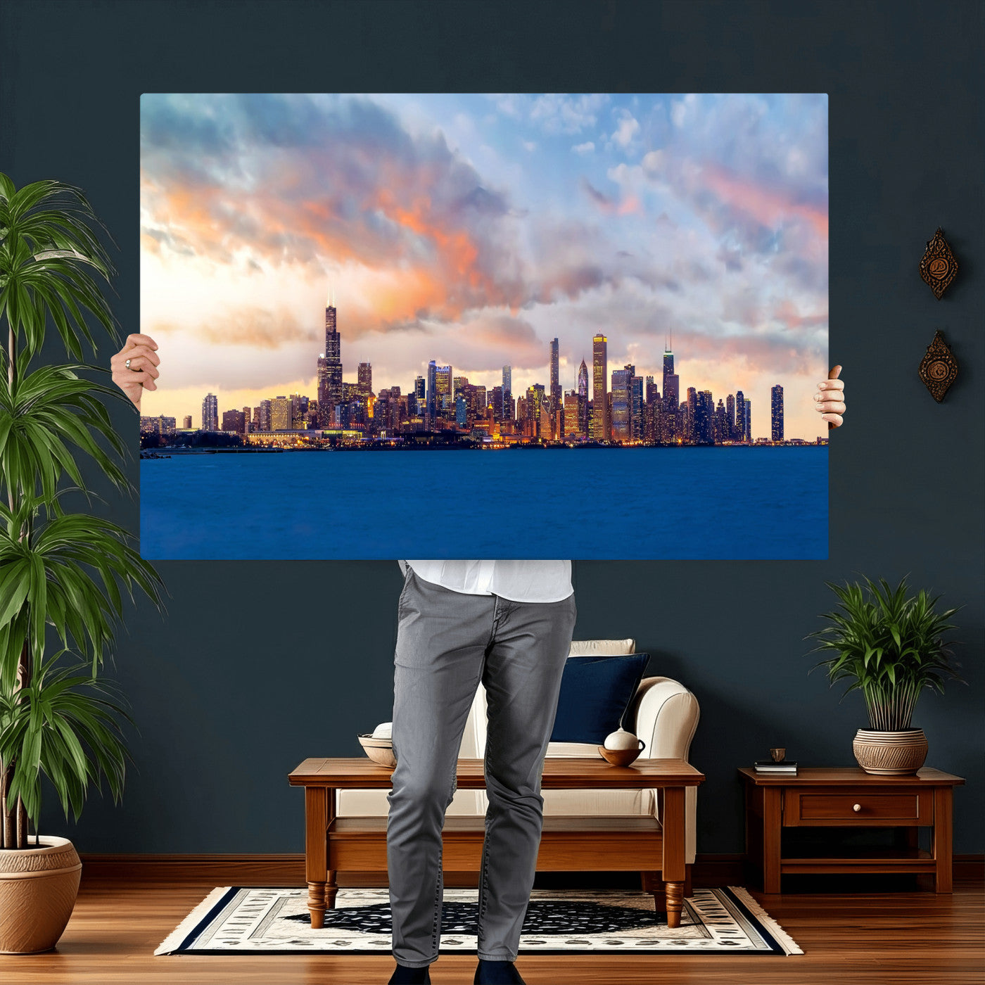 34667960-MGV-CV-36X24 - Chicago Wall Art Canvas Print, Chicago City Downtown Night Cityscape Print for Modern Urban Wall Decor