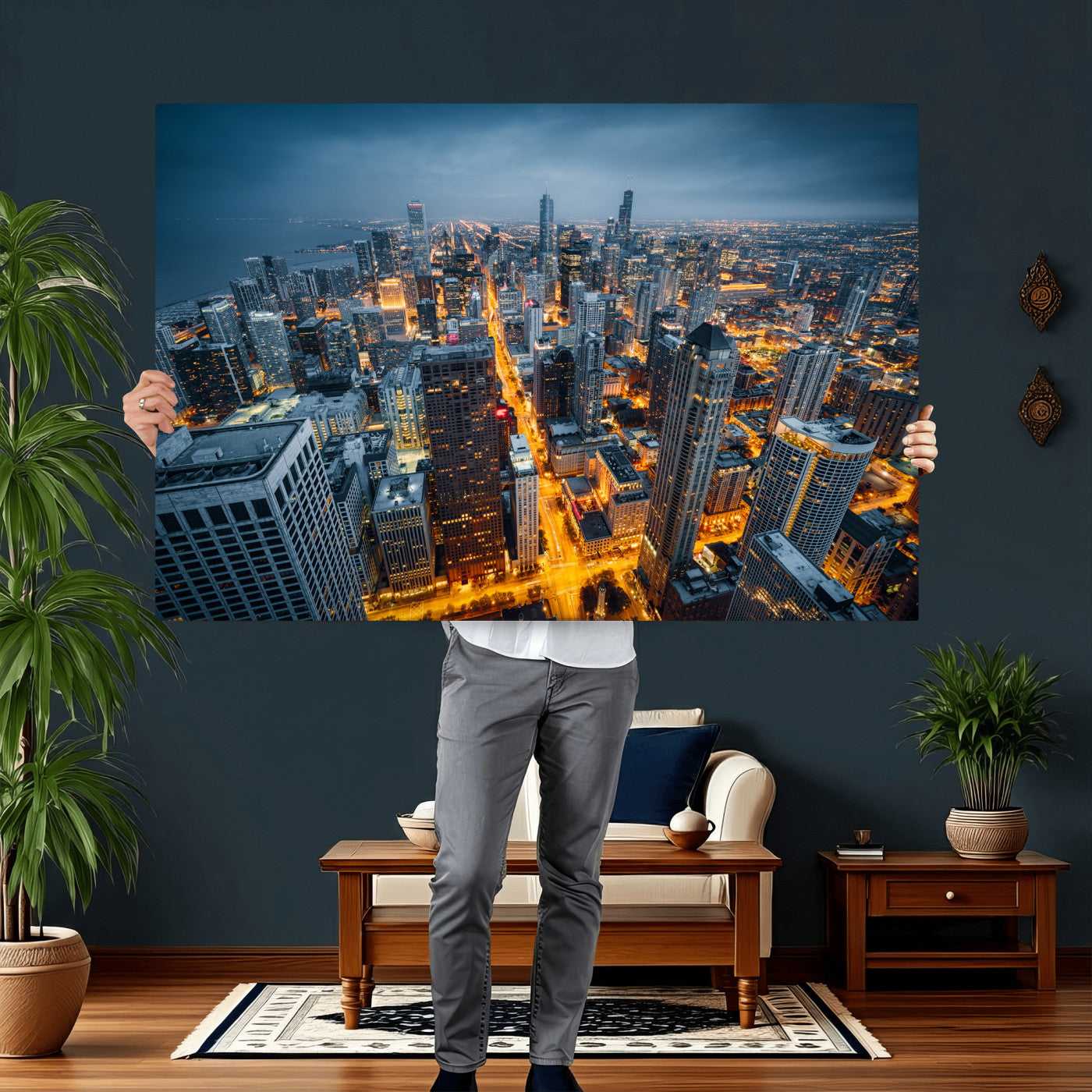 81742538-MGV-CV-36X24 - Chicago Wall Art Canvas Print, Chicago City Downtown Night Cityscape Print for Modern Urban Wall Decor