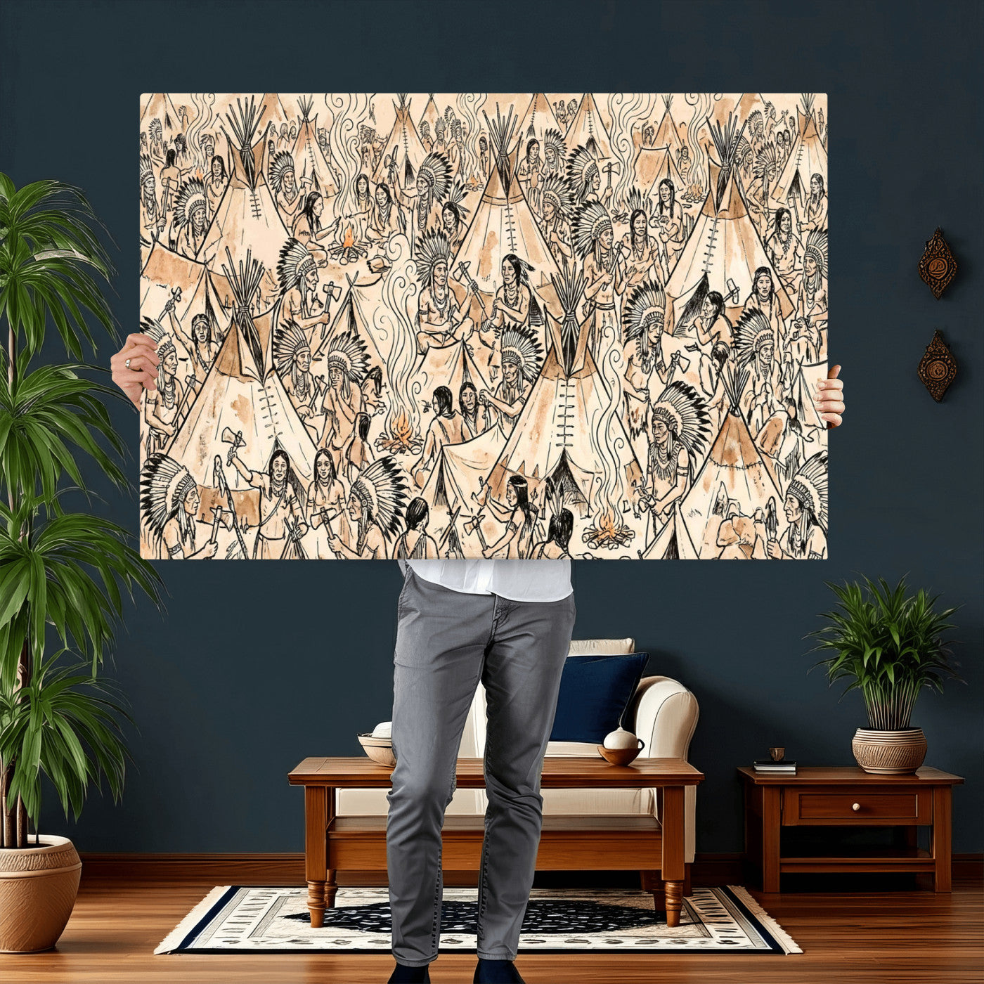 72739176-MGV-CV-36X24 - Farmhouse Animals Wall Art Canvas Print - Abstract Farm Animal Drawing Mid-Century Wall Art for Cabin Decor