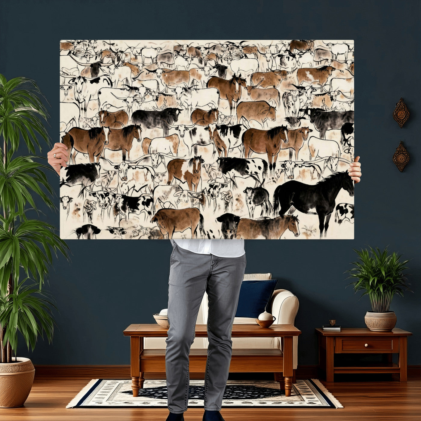 86150485-MGV-CV-36X24 - Farmhouse Animals Wall Art Canvas Print - Abstract Farm Animal Drawing Mid-Century Wall Art for Cabin Decor