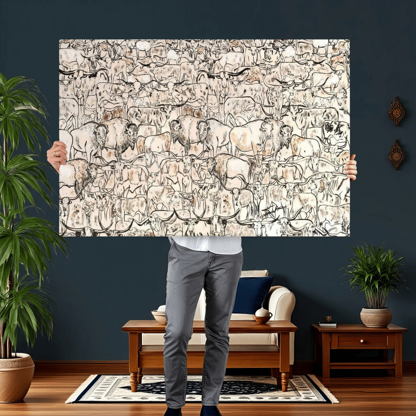 36925875-MGV-CV-36X24 - Farmhouse Animals Wall Art Canvas Print - Abstract Farm Animal Drawing Mid-Century Wall Art for Cabin Decor