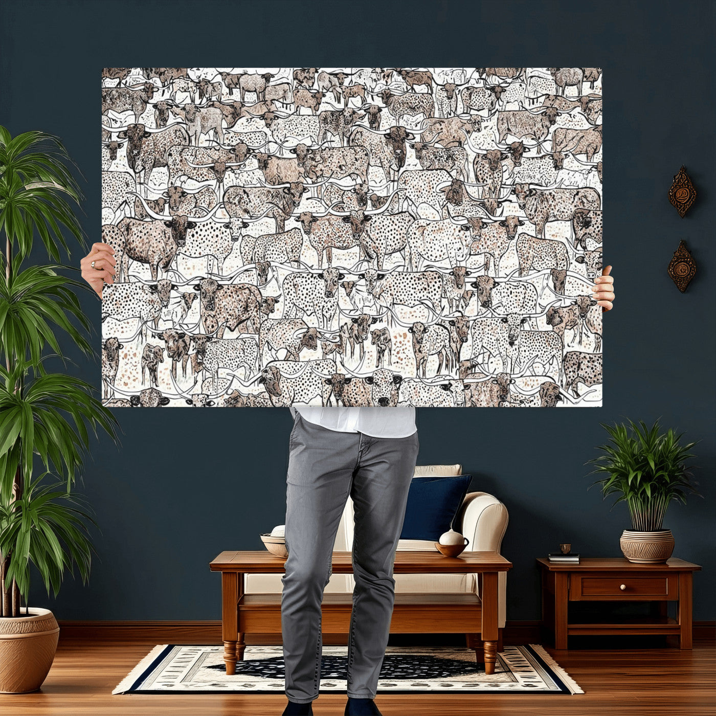 49200255-MGV-CV-36X24 - Farmhouse Animals Wall Art Canvas Print - Abstract Farm Animal Drawing Mid-Century Wall Art for Cabin Decor
