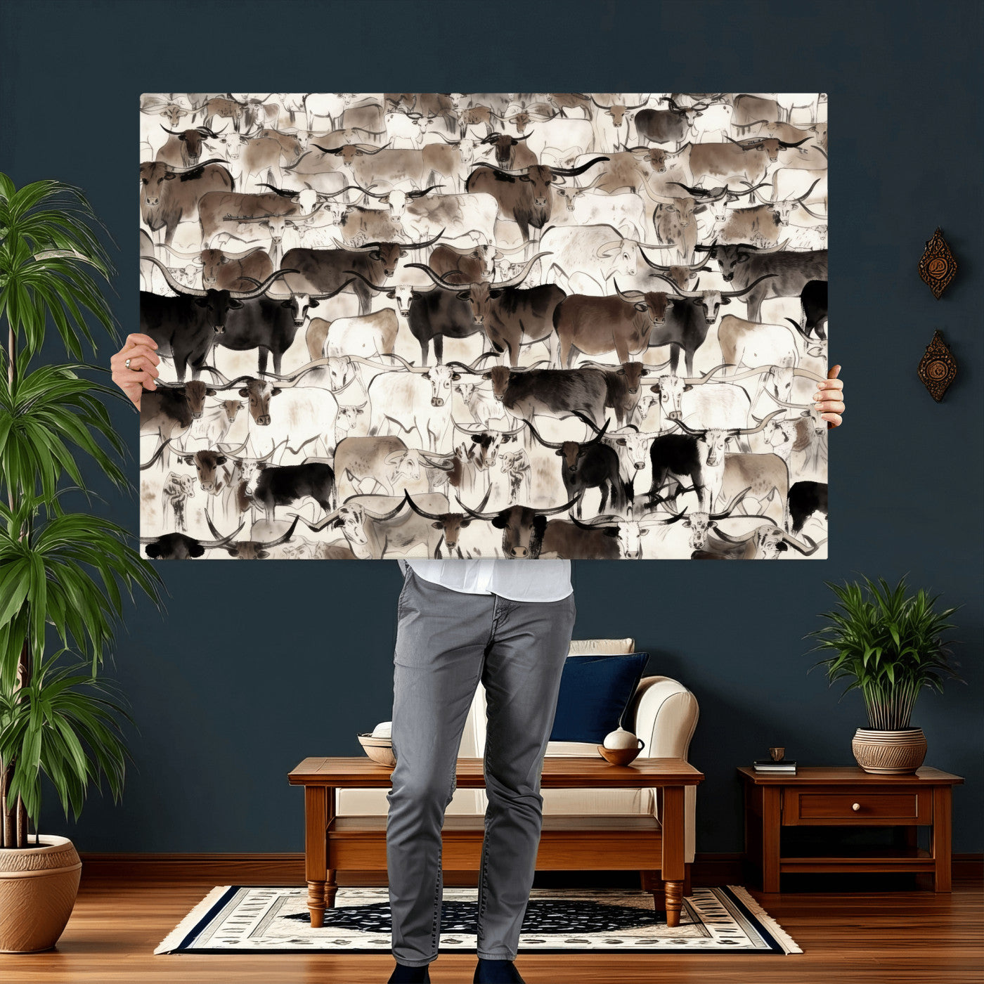 46084312-MGV-CV-36X24 - Farmhouse Animals Wall Art Canvas Print - Abstract Farm Animal Drawing Mid-Century Wall Art for Cabin Decor