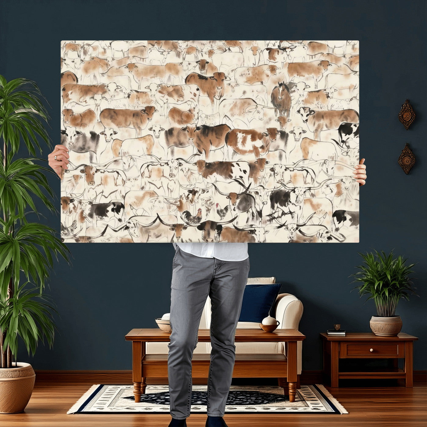 69961368-MGV-CV-36X24 - Farmhouse Animals Wall Art Canvas Print - Abstract Farm Animal Drawing Mid-Century Wall Art for Cabin Decor
