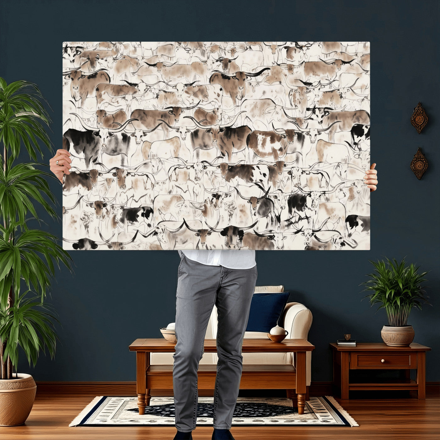 66685375-MGV-CV-36X24 - Farmhouse Animals Wall Art Canvas Print - Abstract Farm Animal Drawing Mid-Century Wall Art for Cabin Decor