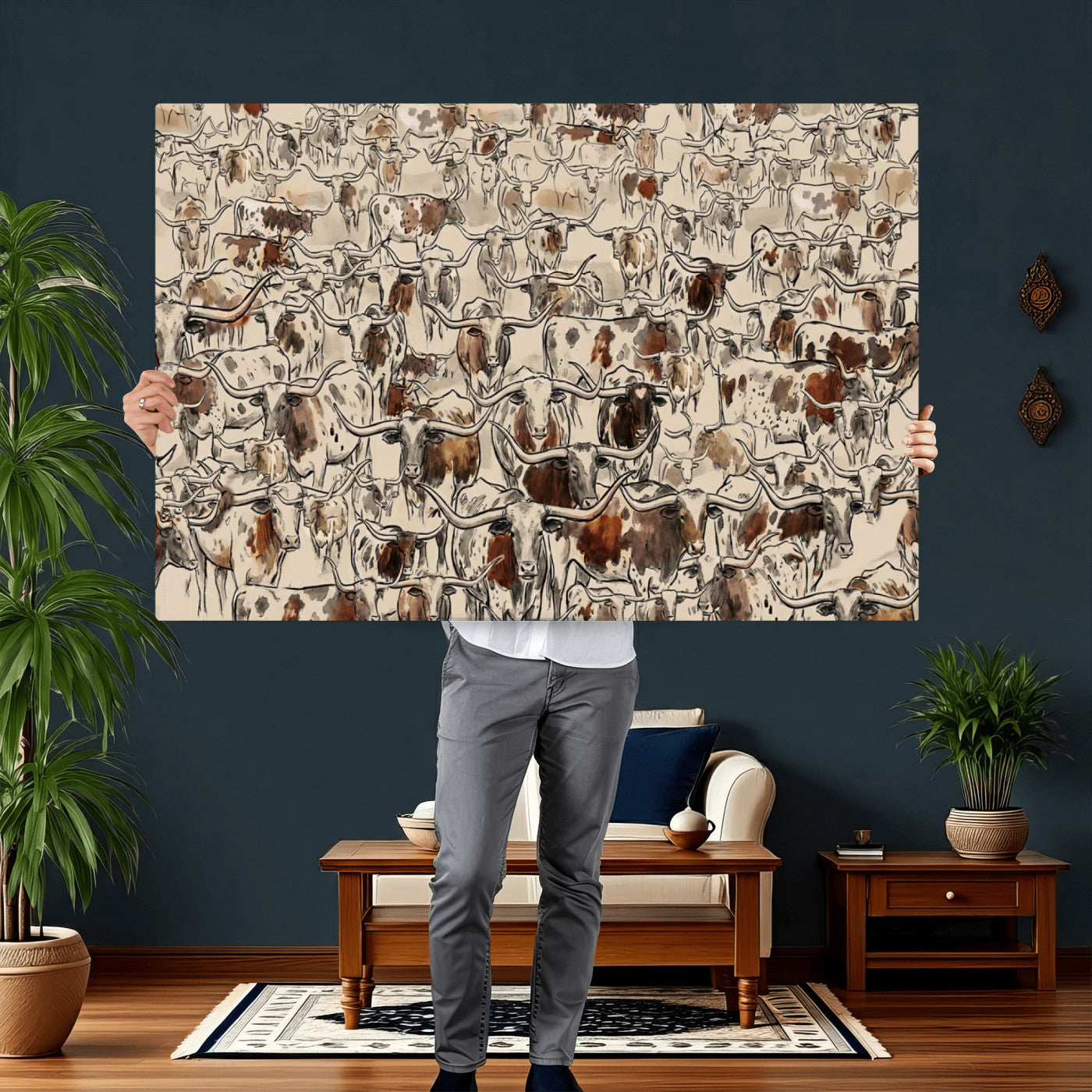 94808502-MGV-CV-36X24 - Farmhouse Animals Wall Art Canvas Print - Abstract Farm Animal Drawing Mid-Century Wall Art for Cabin Decor