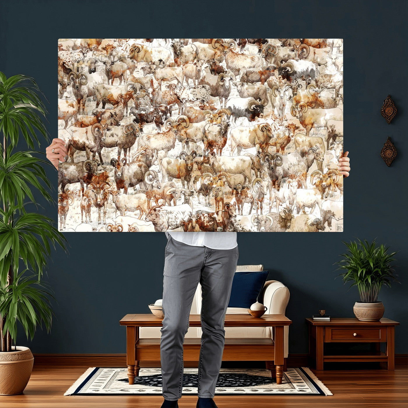 95103864-MGV-CV-36X24 - Farmhouse Animals Wall Art Canvas Print - Abstract Farm Animal Drawing Mid-Century Wall Art for Cabin Decor