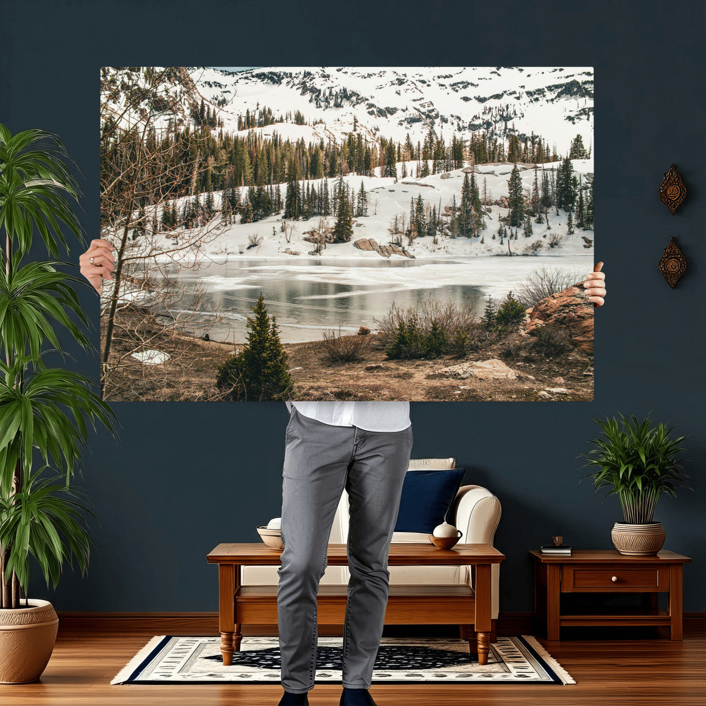 10336249-MGV-CV-36X24 - Snowy Mountain Landscape Wall Art Canvas Print, Alpine Pine Forest Winter Nature Wall Decor for Living Room and Office