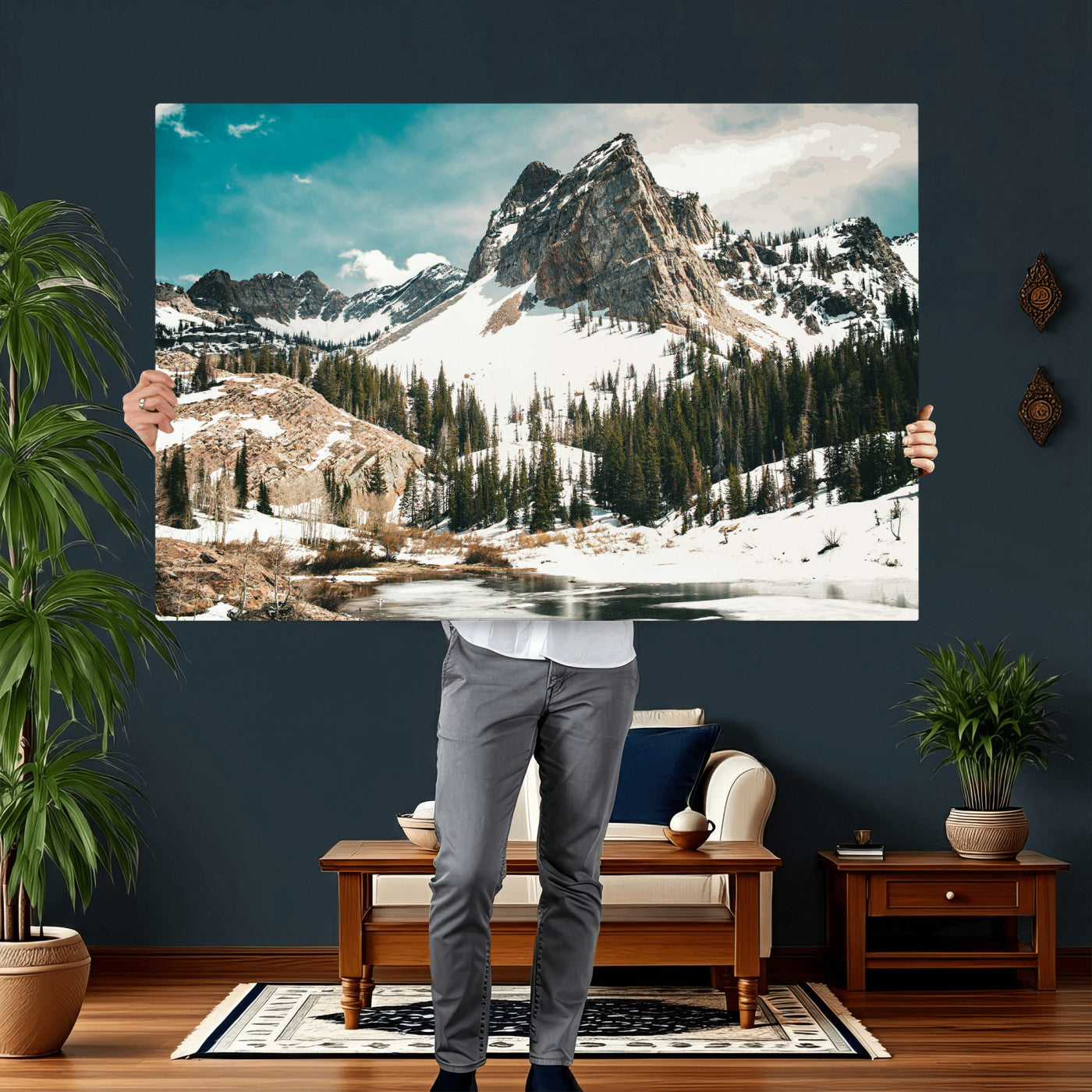 56837070-MGV-CV-36X24 - Snowy Mountain Landscape Wall Art Canvas Print, Alpine Pine Forest Winter Nature Wall Decor for Living Room and Office