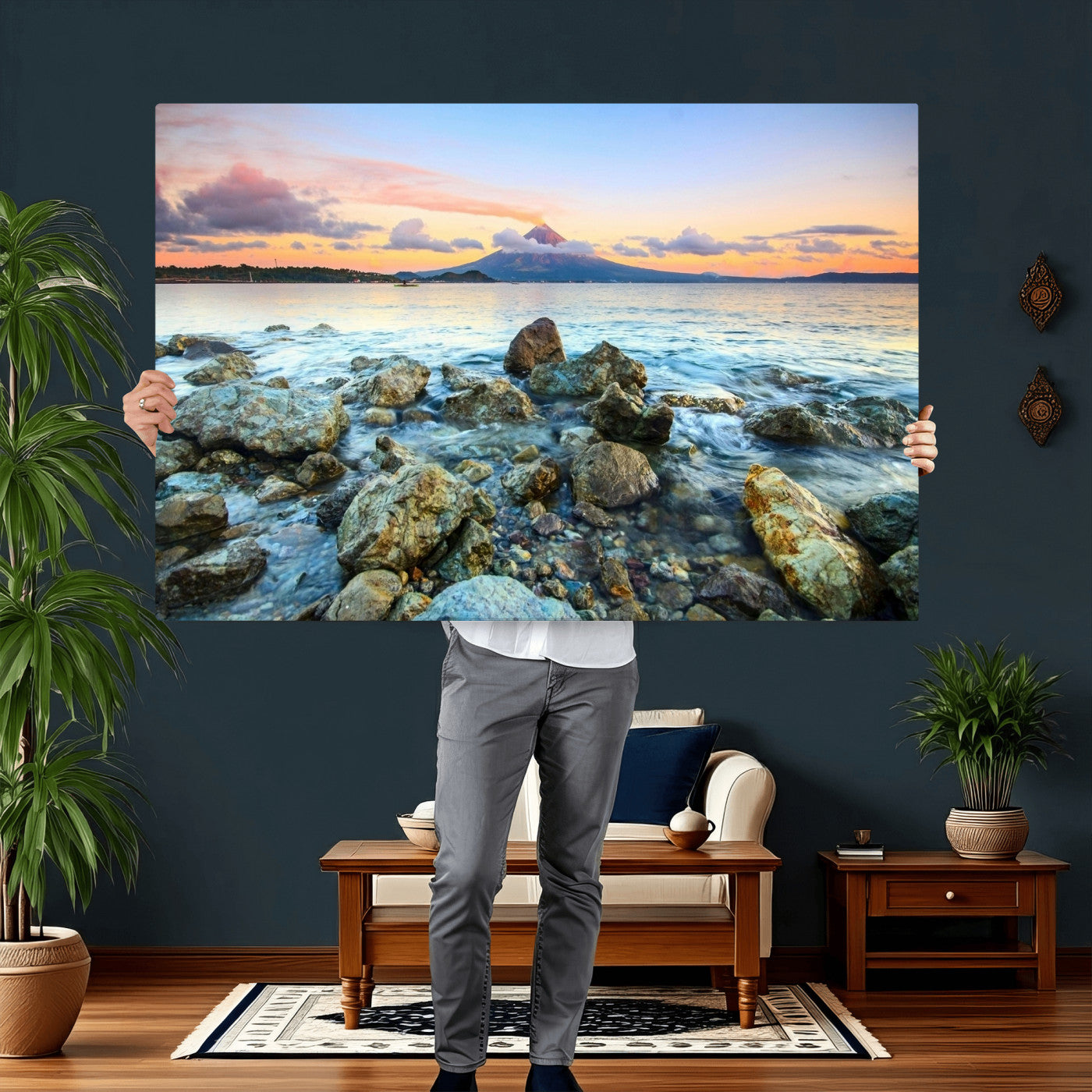 46869511-MGV-CV-36X24 - Mayon Volcano Seascape Landscape Wall Art Canvas Print, Tropical Ocean Shore Mountain Canvas Print, Philippines Coastal Scenic Art Printing