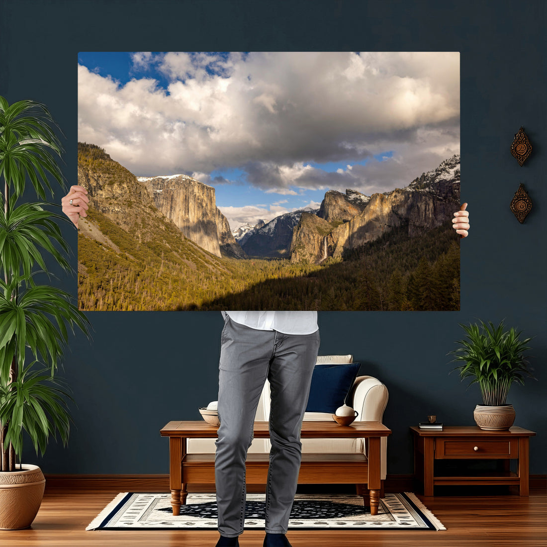 Yosemite Valley River Landscape Wall Art Canvas Print, Moody Granite Cliffs and Forest River
