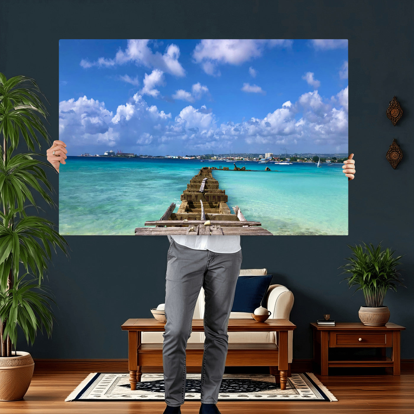 43165024-MGV-CV-36X24 - Caribbean Ocean Pier Seascape Wall Art Canvas Print, Turquoise Sea Tropical Harbor Canvas Print, Island Coastal Blue Water Scenic Art Printing