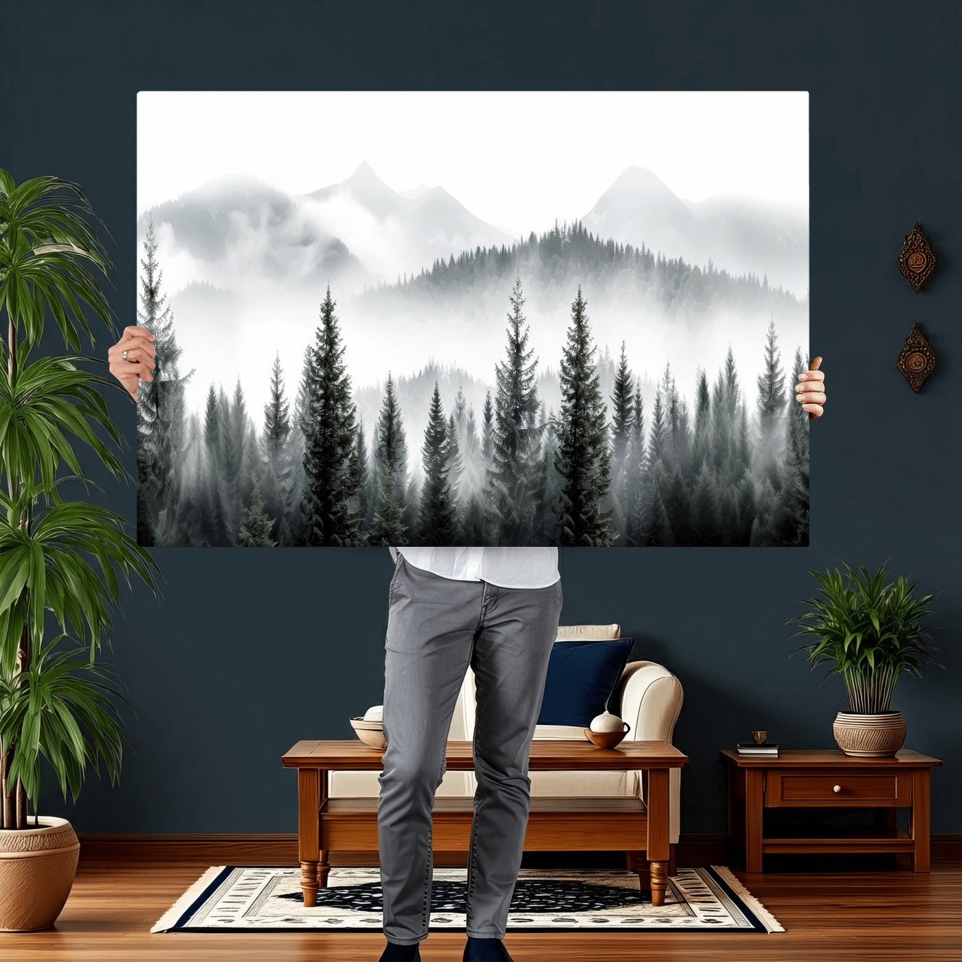 38819032-MGV-CV-36X24 - Misty Pine Forest Mountain Landscape Wall Art Canvas Print, Foggy Evergreen Trees Minimal Nature Canvas Print, Monochrome Wilderness Scenic Art Printing