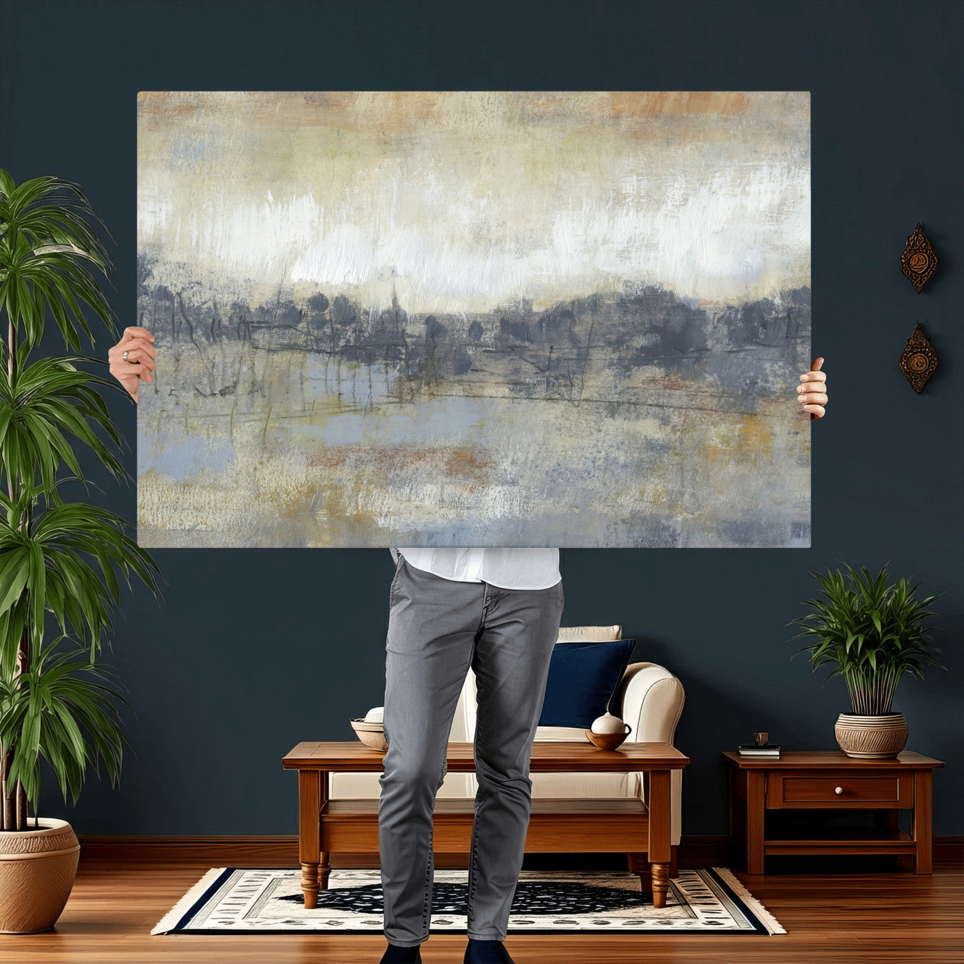 73973590-MGV-CV-36X24 - Abstract Neutral Landscape Painting Wall Art Canvas Print, Modern Minimal Texture Horizon Canvas Print, Beige Gray Contemporary Abstract Art Printing