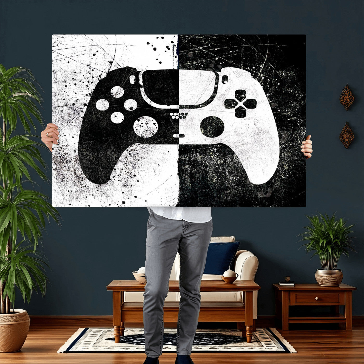 17525128-MGV-CV-36X24 - Abstract Gaming Controller Wall Art Canvas Print, Black White Video Game Controller Modern Canvas Print, Minimal Gamer Graphic Art Printing