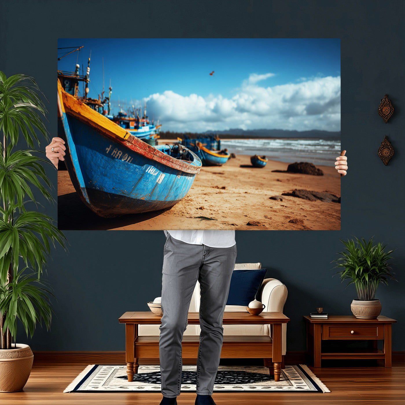 70925201-MGV-CV-36X24 - Fishing Boats Wall Art Canvas Print, Coastal Boat Beach Scene, Nautical Seaside Artwork, Ocean Shore Decor, Coastal Home Wall Art