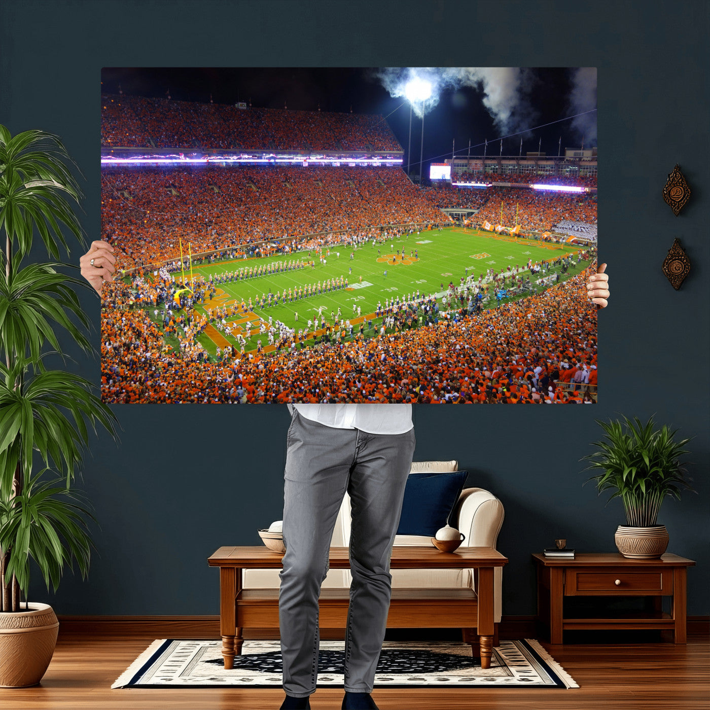 43662631-MGV-CV-36X24 - Clemson Football Stadium Wall Art Canvas Print, College Football Crowd Night Game Scene, Orange Stadium Panorama Wall Decor