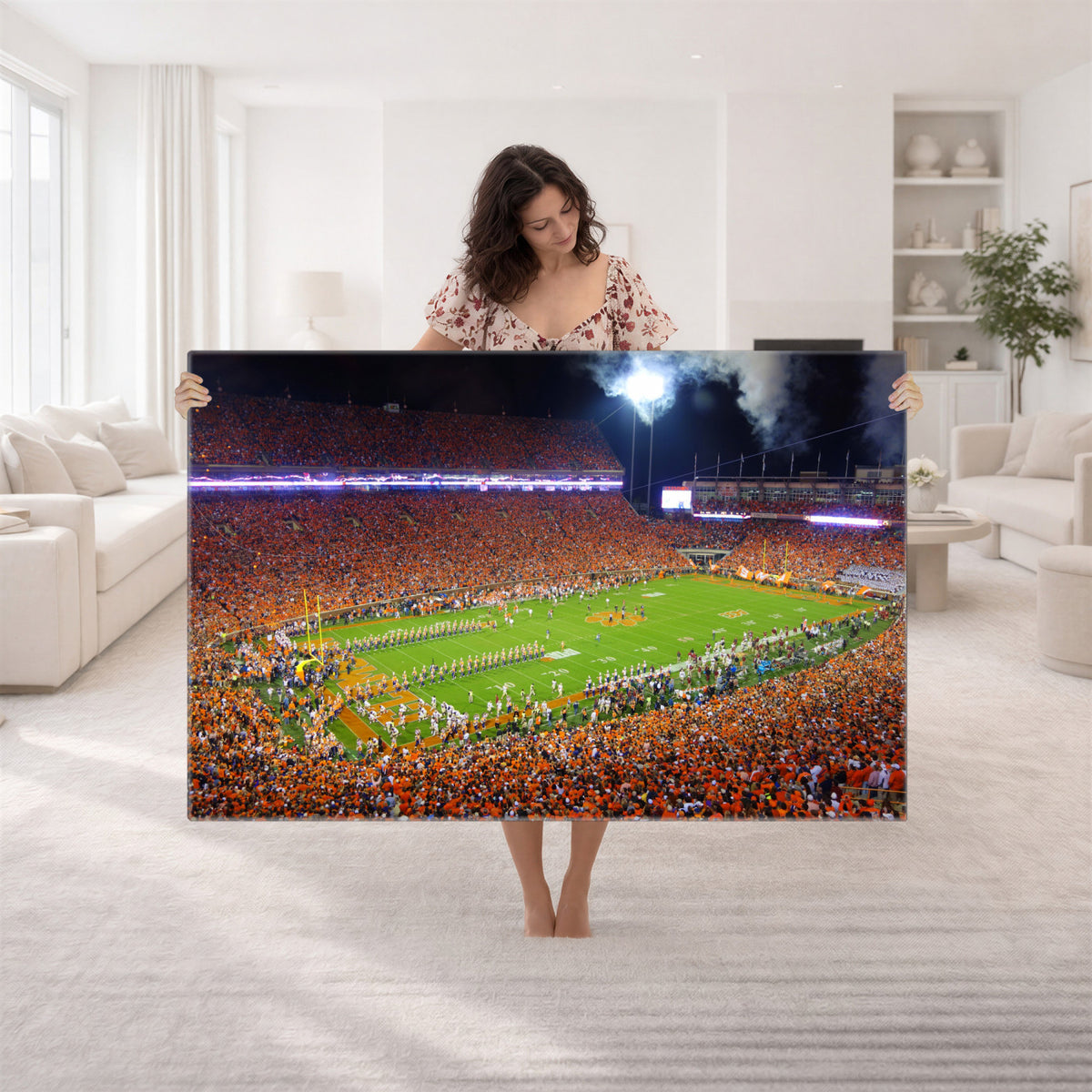 43662631-MGV-CV-36X24 - Clemson Football Stadium Wall Art Canvas Print, College Football Crowd Night Game Scene, Orange Stadium Panorama Wall Decor