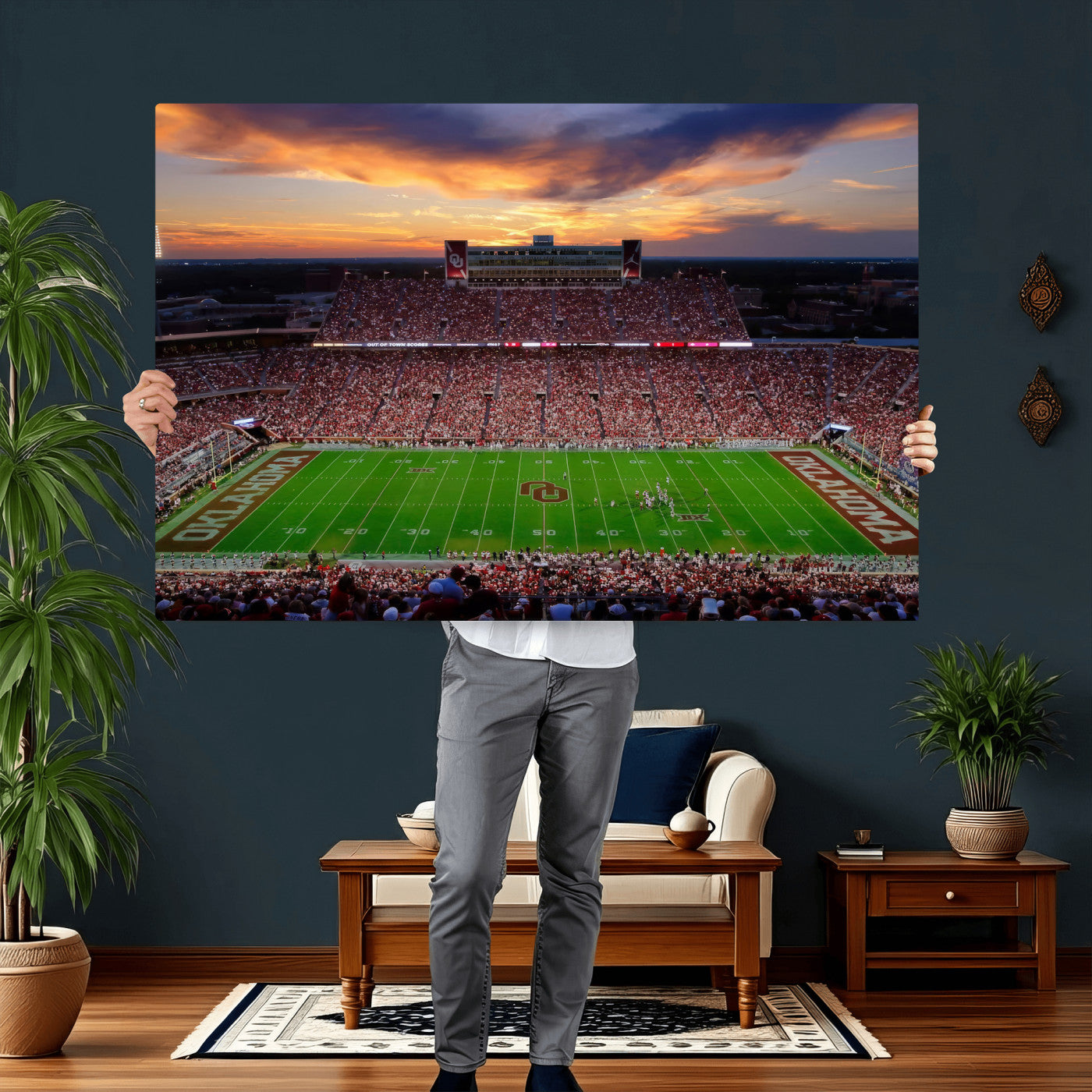 51457497-MGV-CV-36X24 - Oklahoma Sooners Stadium Wall Art Canvas Print, College Football Sunset Game Scene, OU Football Field Panorama Wall Decor