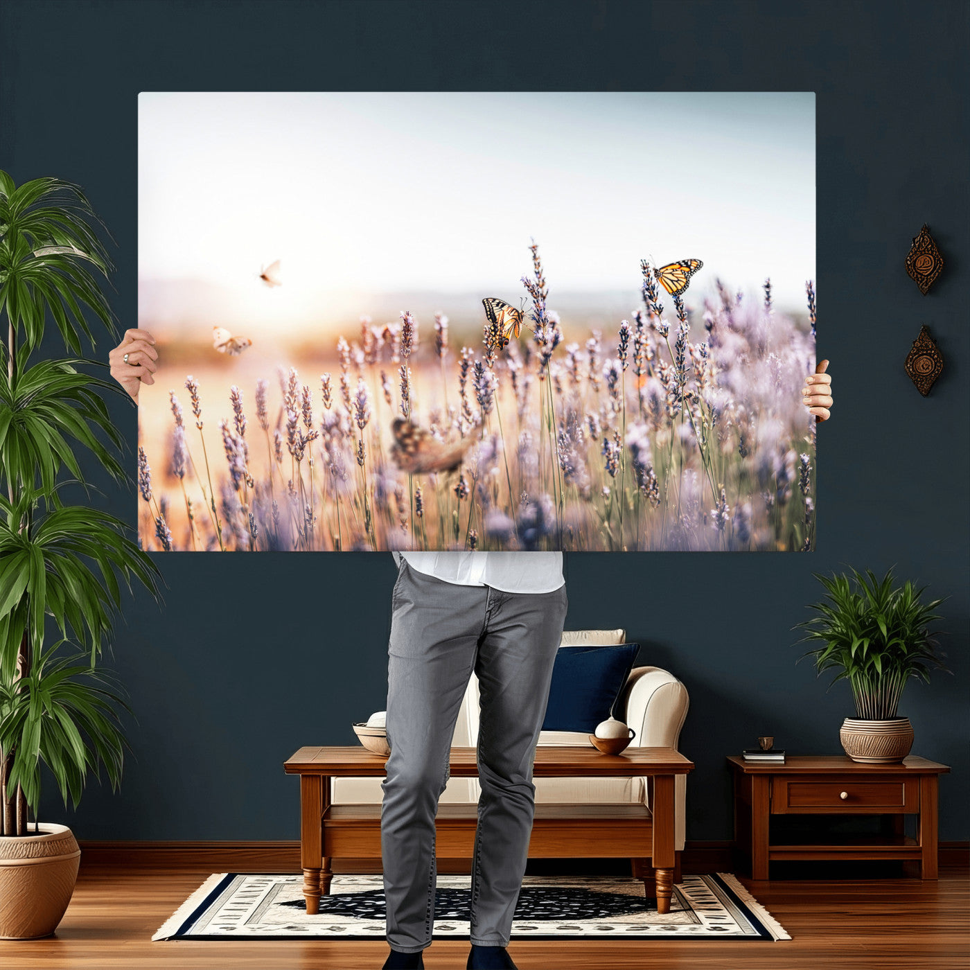 46417478-MGV-CV-36X24 - Lavender Field Wall Art Canvas Print, Butterfly Floral Landscape Art, Soft Nature Wall Decor for Bedroom