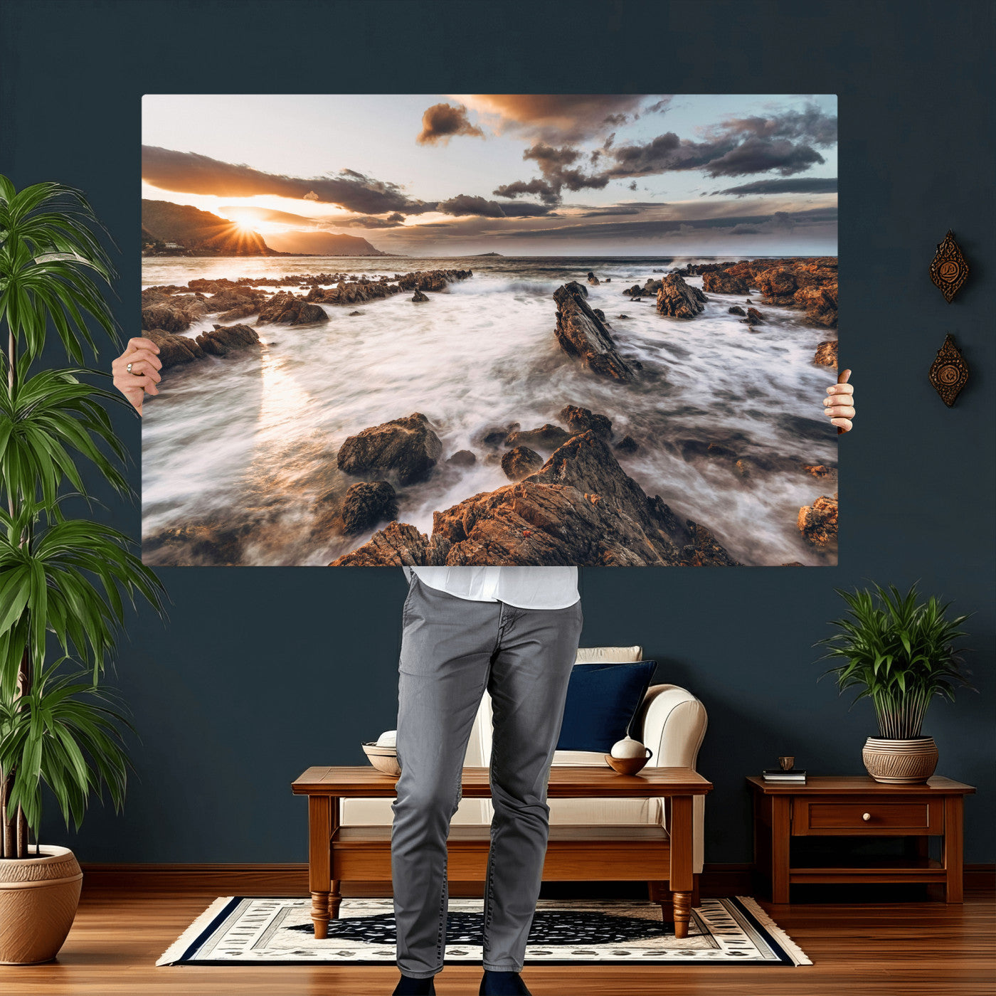 66746024-MGV-CV-36X24 - Rocky Coast Ocean Sunset Wall Art Canvas Print, Dramatic Seascape Nature Wall Decor for Living Room and Office