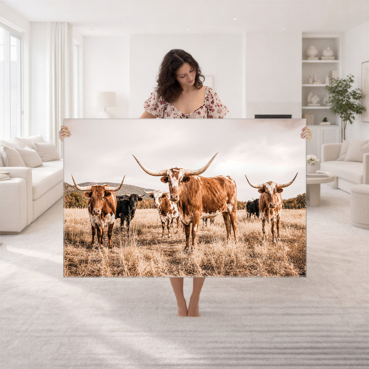 27539727-MGV-CV-36X24 - Texas Longhorn Cattle Wall Art Canvas Print, Sepia Western Decor