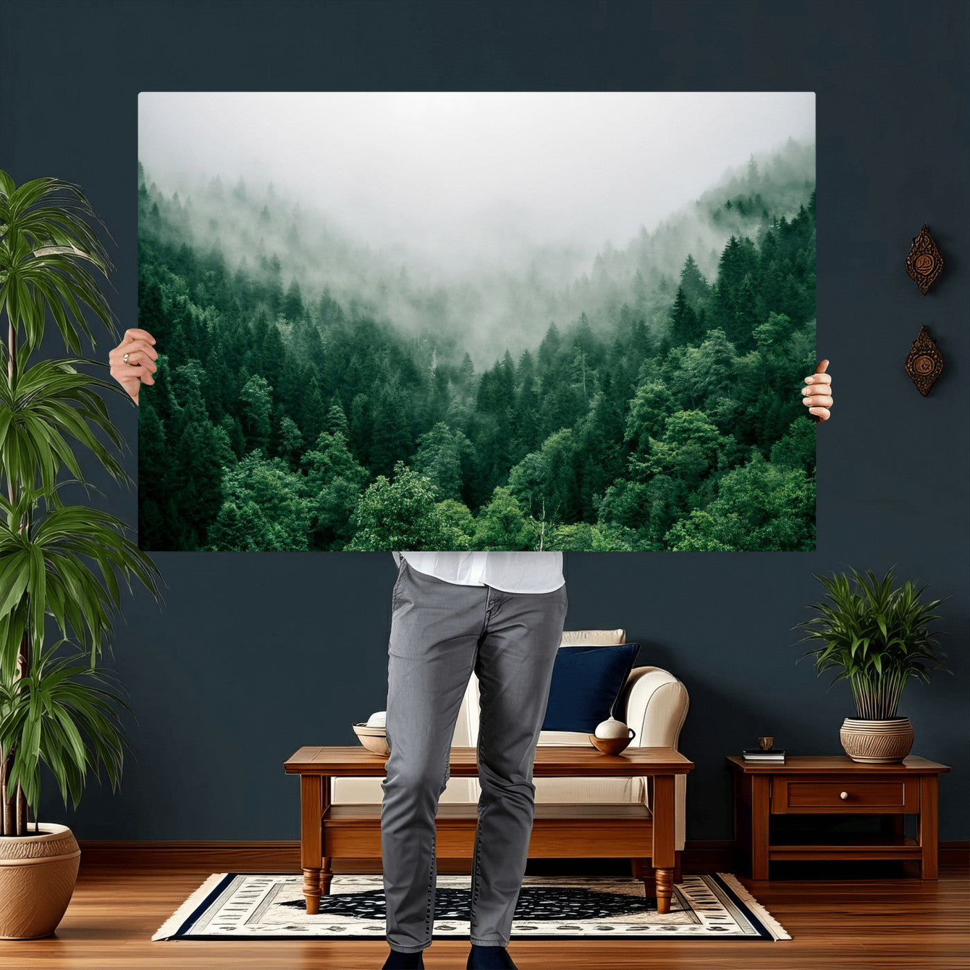 61640815-MGV-CV-36X24 - Misty Pine Forest Wall Art Canvas Print, Foggy Evergreen Landscape Wall Decor, Moody Green Nature Artwork, Minimal Forest Canvas Wall Art, Framed Canvas Wall Art Ready to Hang