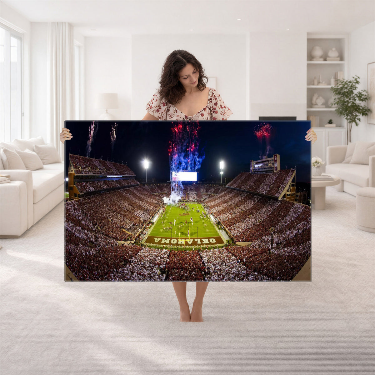 43197777-MGV-CV-36X24 - Oklahoma Memorial Stadium Wall Art Canvas Print – Oklahoma Sooners Football Artwork for Home, Office, and Sports Room Decor