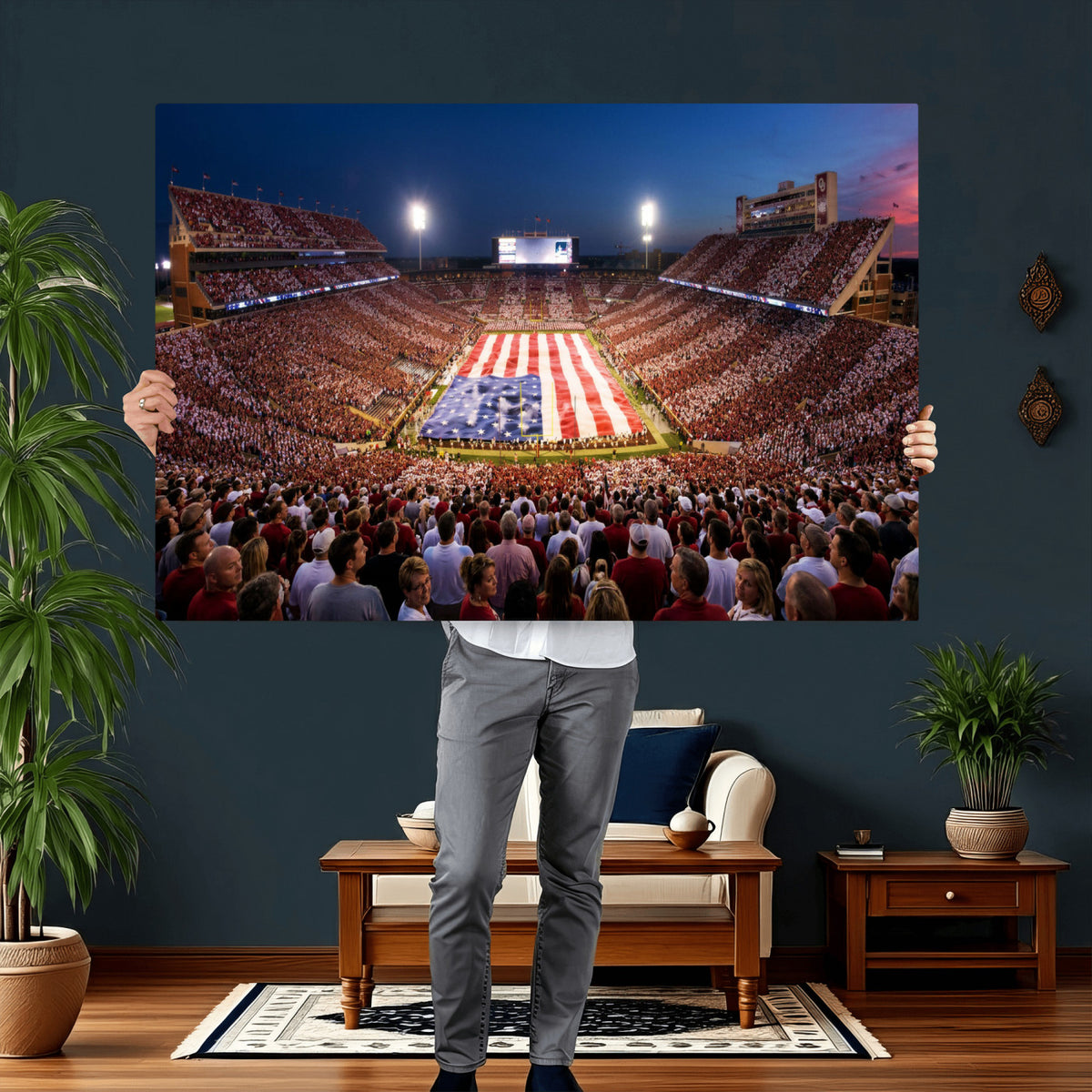 59917418-MGV-CV-36X24 - Oklahoma Memorial Stadium Wall Art Canvas Print – Oklahoma Sooners Football Artwork for Home, Office, and Sports Room Decor