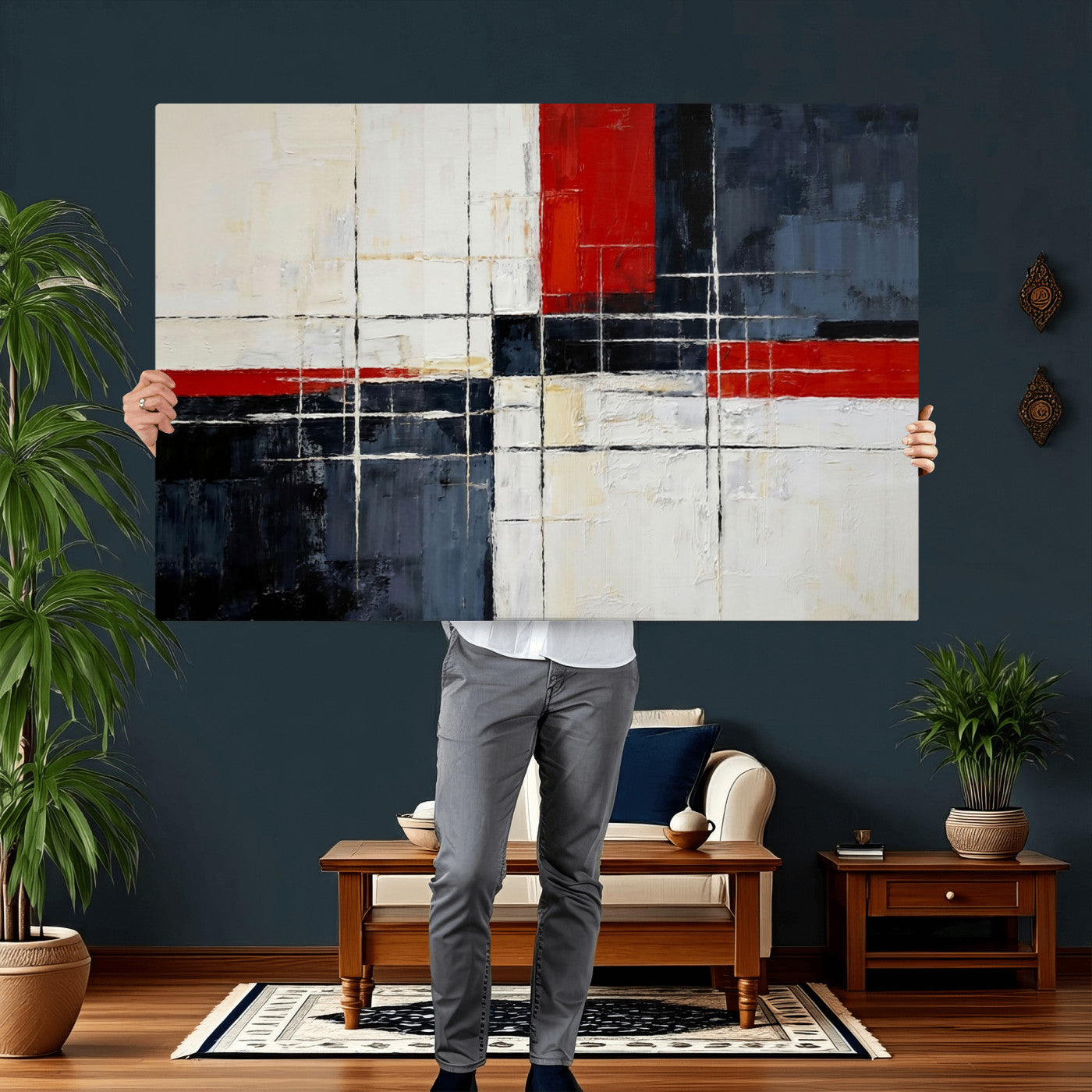 44088165-MGV-CV-36X24 - Navy Red Abstract Wall Art Canvas Print, Modern Luxury Geometric Painting Wall Decor for Living Room and Office