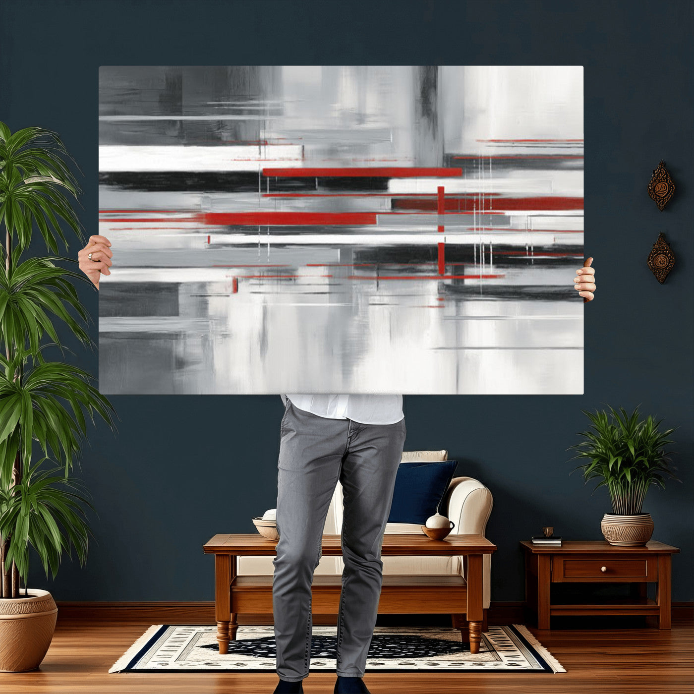 62640681-MGV-CV-36X24 - Gray Red Abstract Wall Art Canvas Print, Modern Abstract Canvas Wall Decor for Contemporary Living Room and Office
