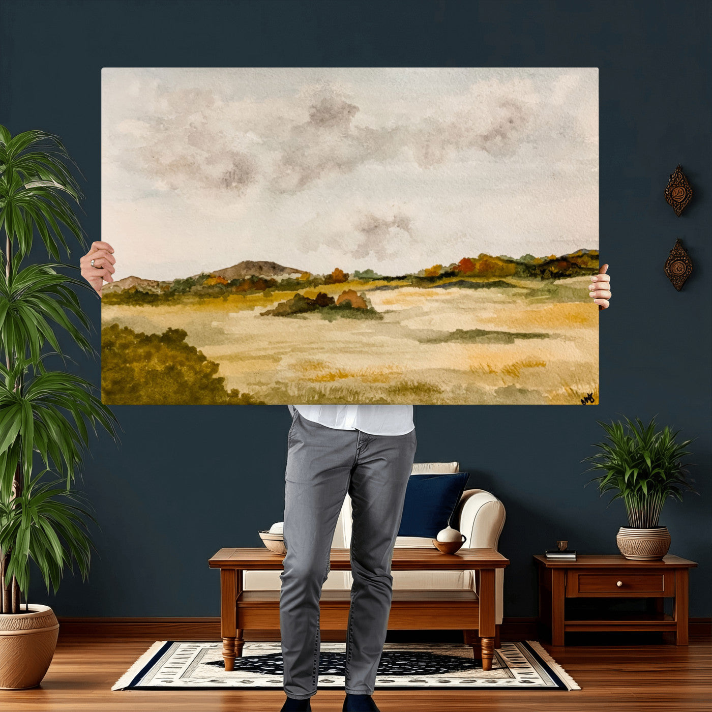 94151004-MGV-CV-36X24 - Watercolor Abstract Countryside Wall Art Canvas Print, Neutral Pastoral Landscape Painting Wall Decor for Modern Farmhouse Interiors