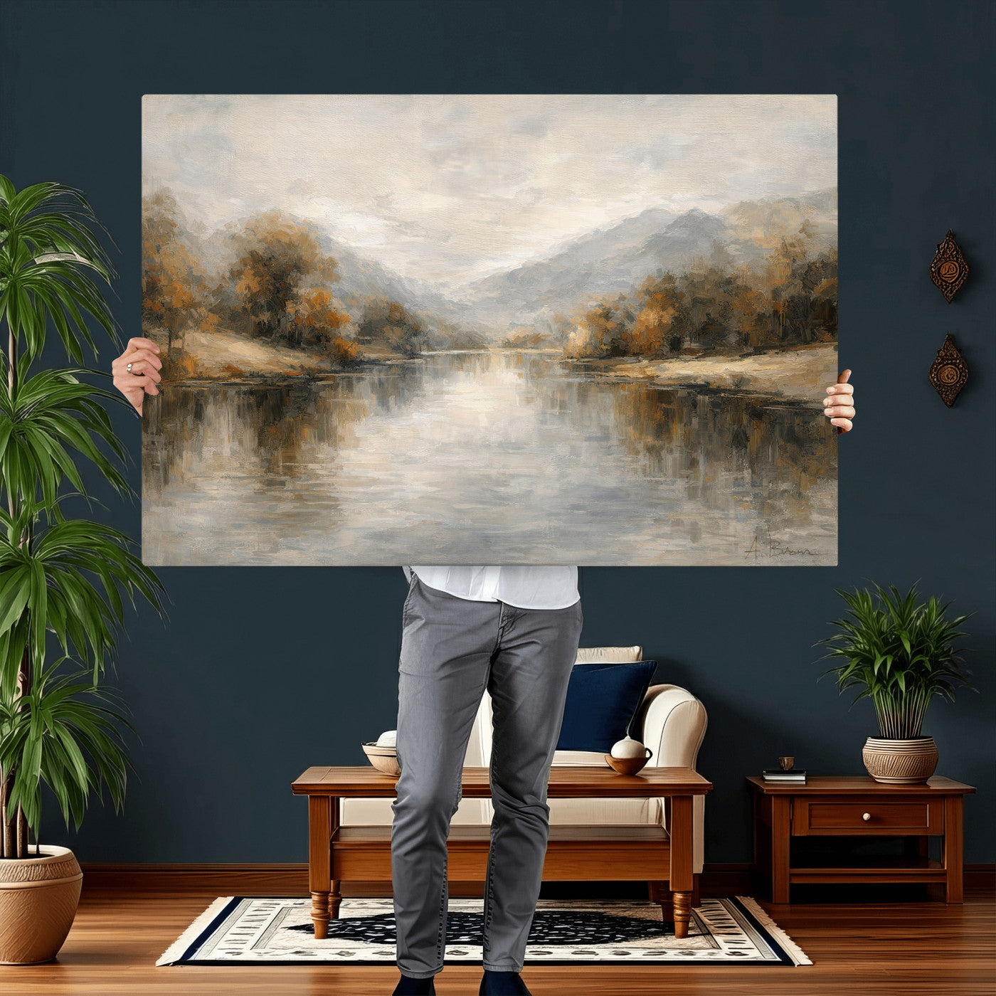 29251761-MGV-CV-36X24 - Neutral Abstract River Landscape Wall Art Canvas Print, Modern Minimal Nature Reflection Canvas Print, Beige Gray Contemporary Mountain Art Printing