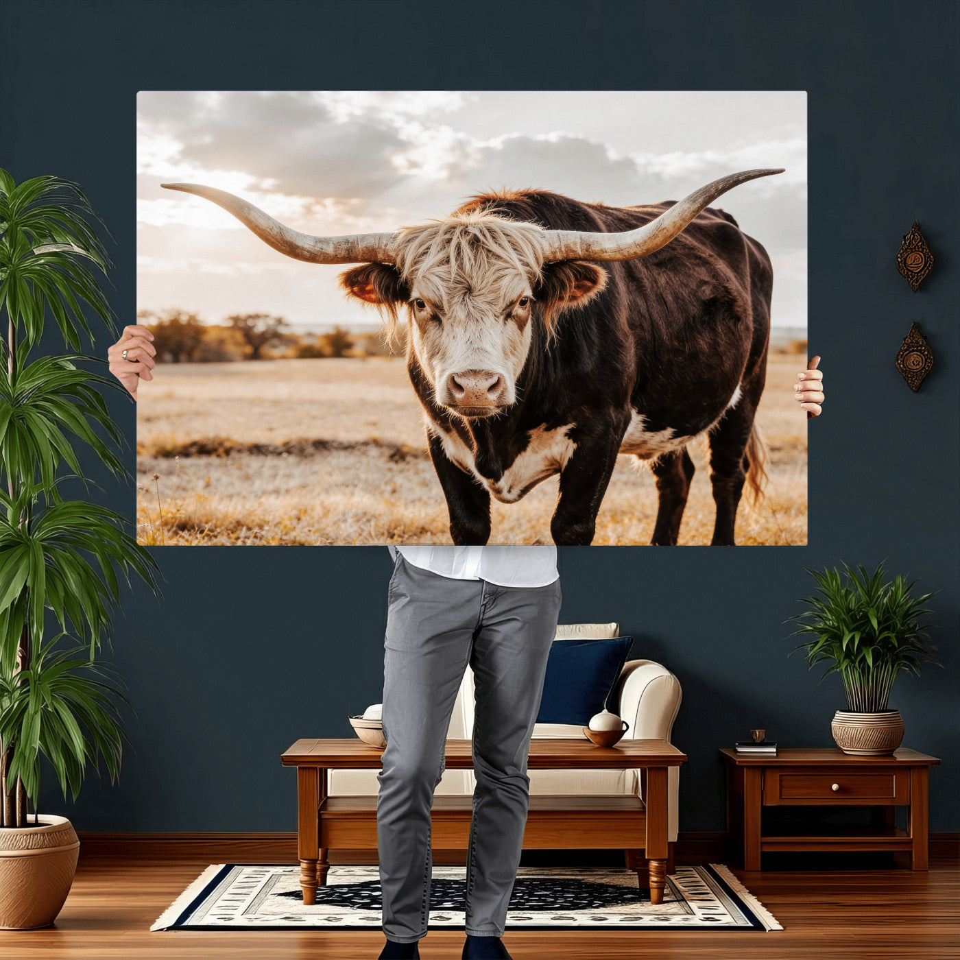 88230279-MGV-CV-36X24 - Texas Longhorn Bull Rustic Wall Art Canvas Print, Western Cattle Photography Canvas Print, Ranch Farm Animal Western Art Printing