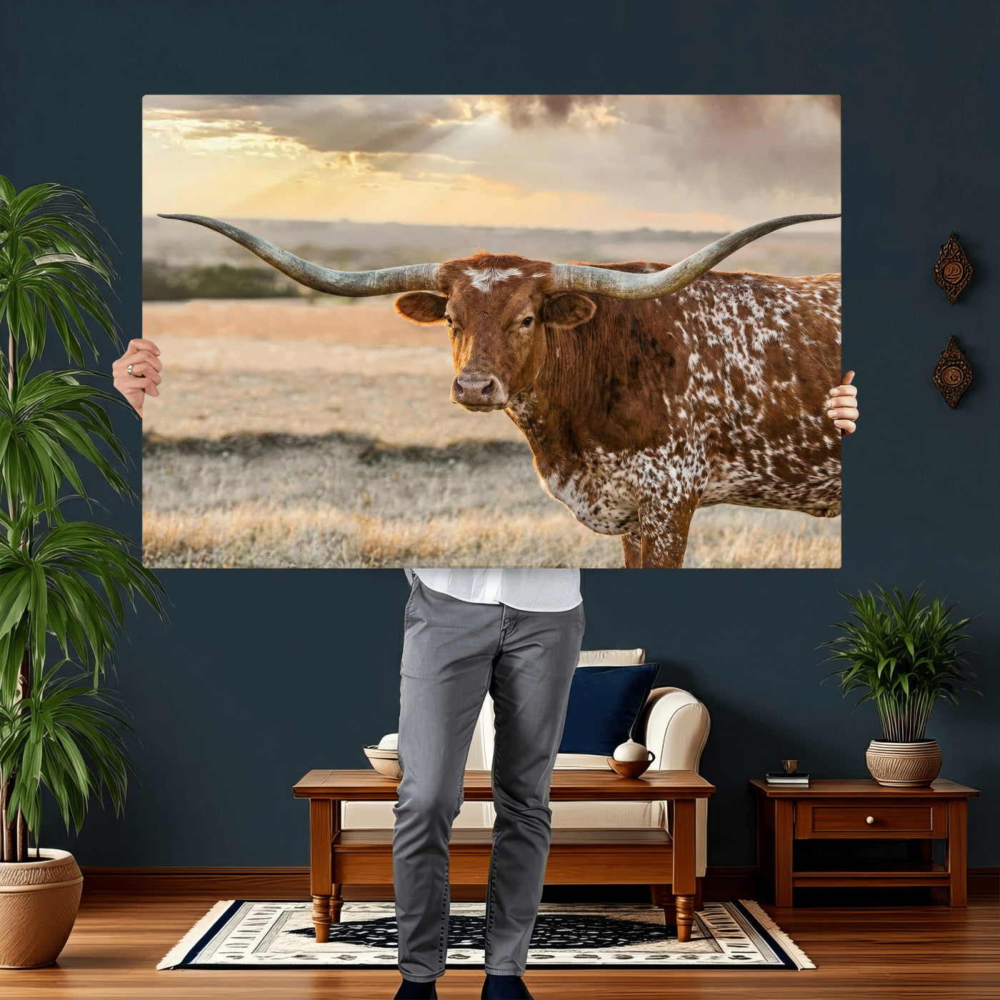 16502384-MGV-CV-36X24 - Texas Longhorn Wall Art Canvas Print, Western Ranch Bull Photography Canvas Print, Rustic Farmhouse Cattle Artwork for Living Room Decor