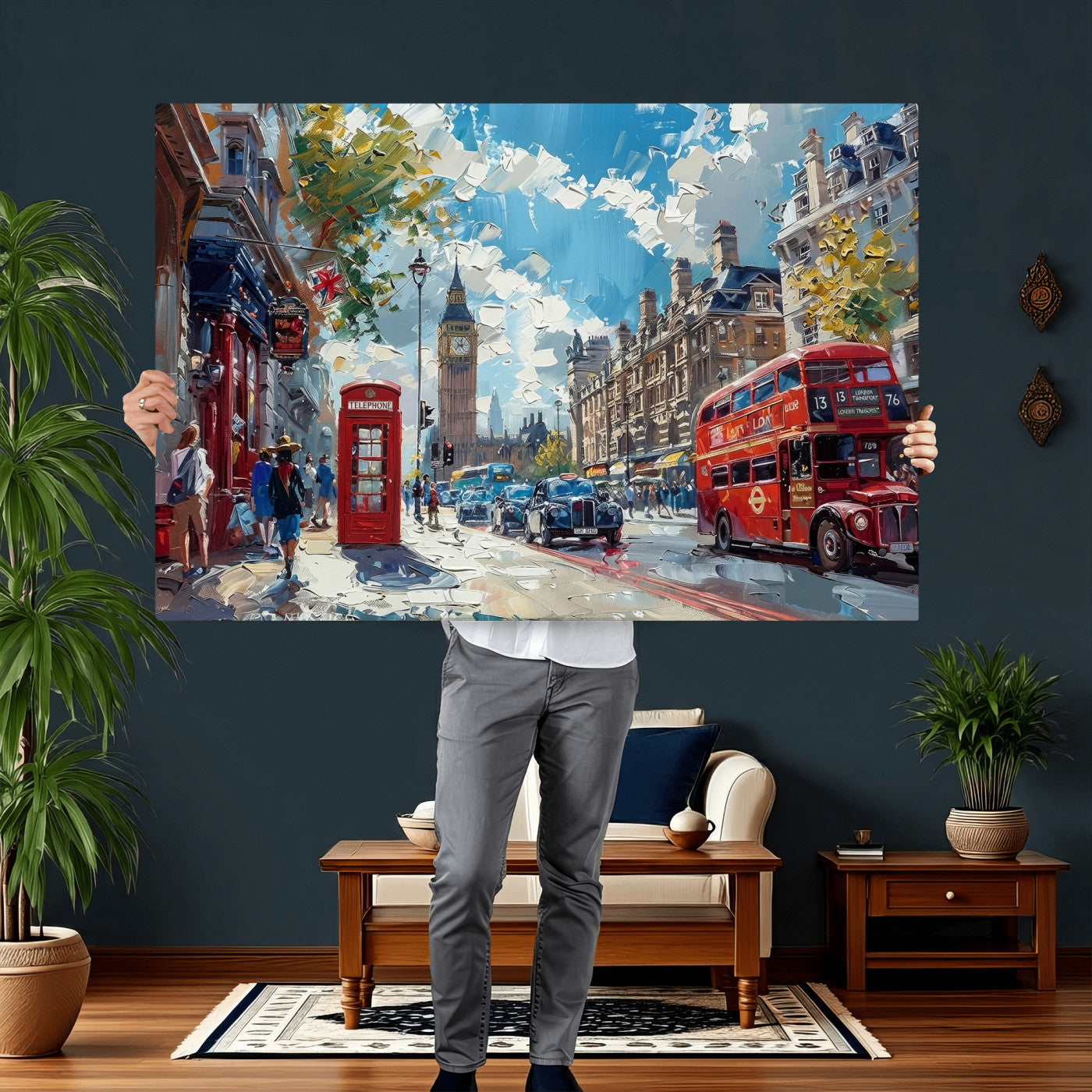 17630888-MGV-CV-36X24 - Modern London City Street Wall Art Canvas Print, Big Ben & Red Bus Artwork Canvas Print