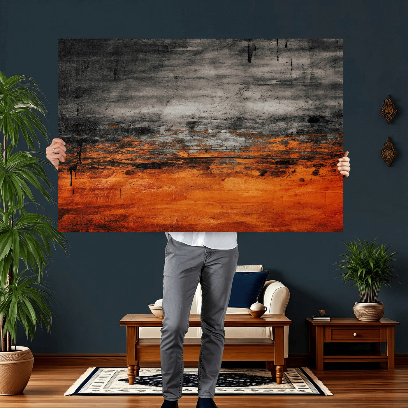 75409282-MGV-CV-36X24 - Black Orange Abstract Wall Art Canvas Print Modern Textured Painting Decor
