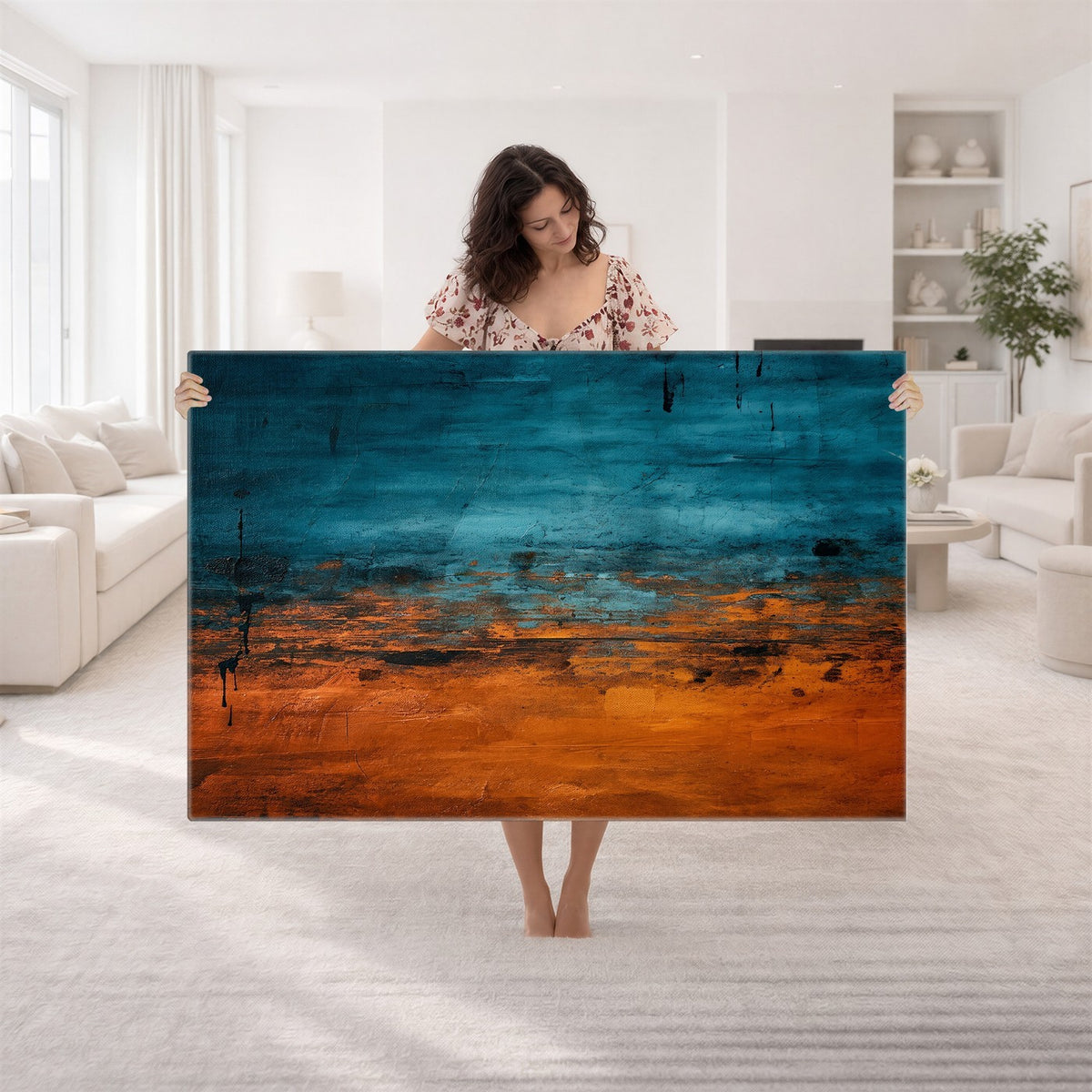20543081-MGV-CV-24X16 - Teal Orange Abstract Wall Art Canvas Print Modern Large Statement Artwork